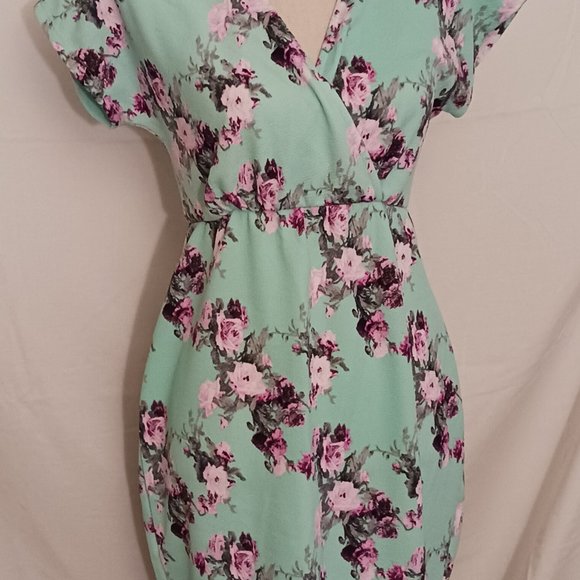 Pink Blush Teal Floral Knee Length Dress Spring Summer - Picture 4 of 10
